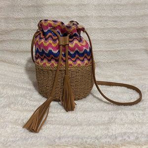 Boho Woven Straw Crossbody Bag With Drawstrings